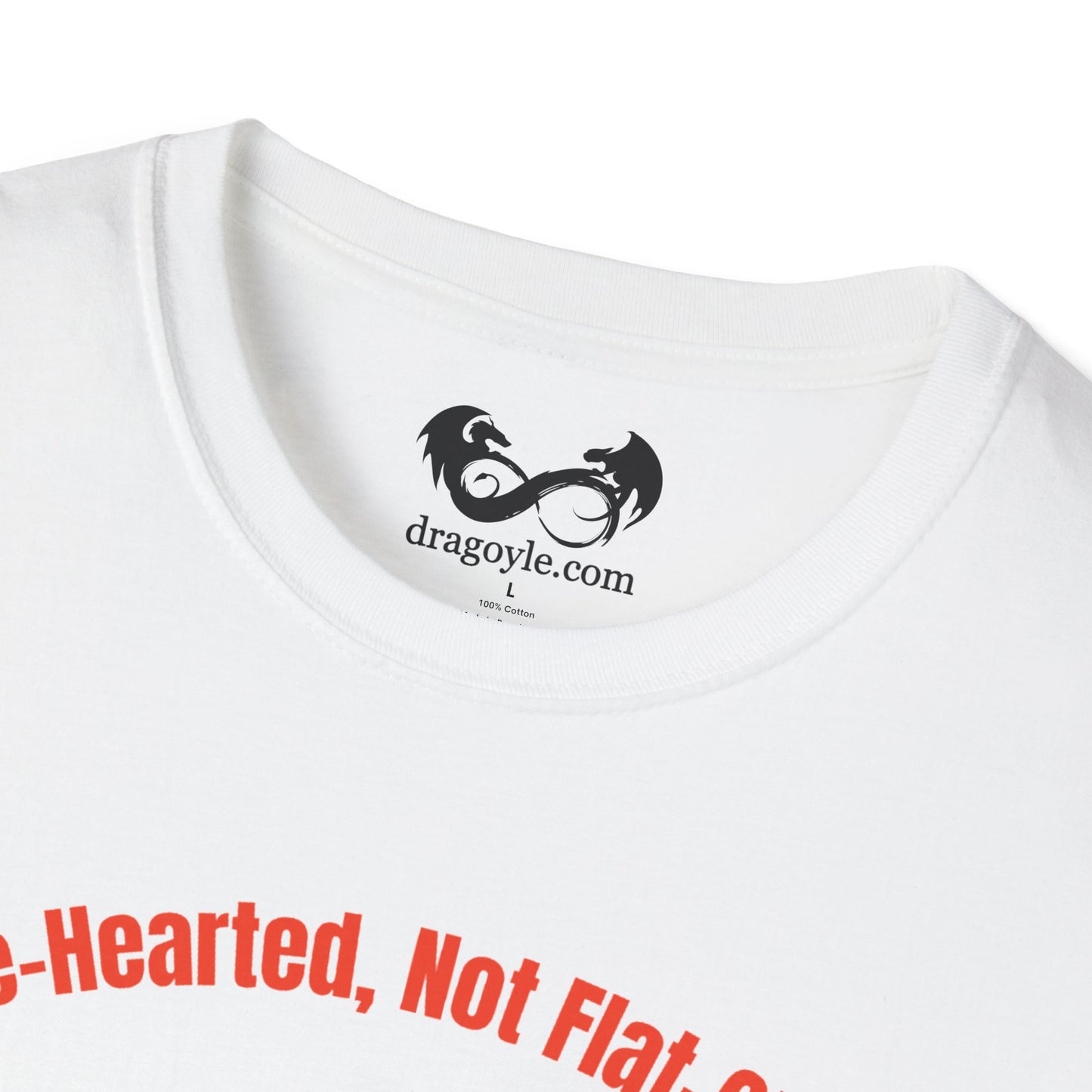 White t-shirt with red text and a black logo on a white background