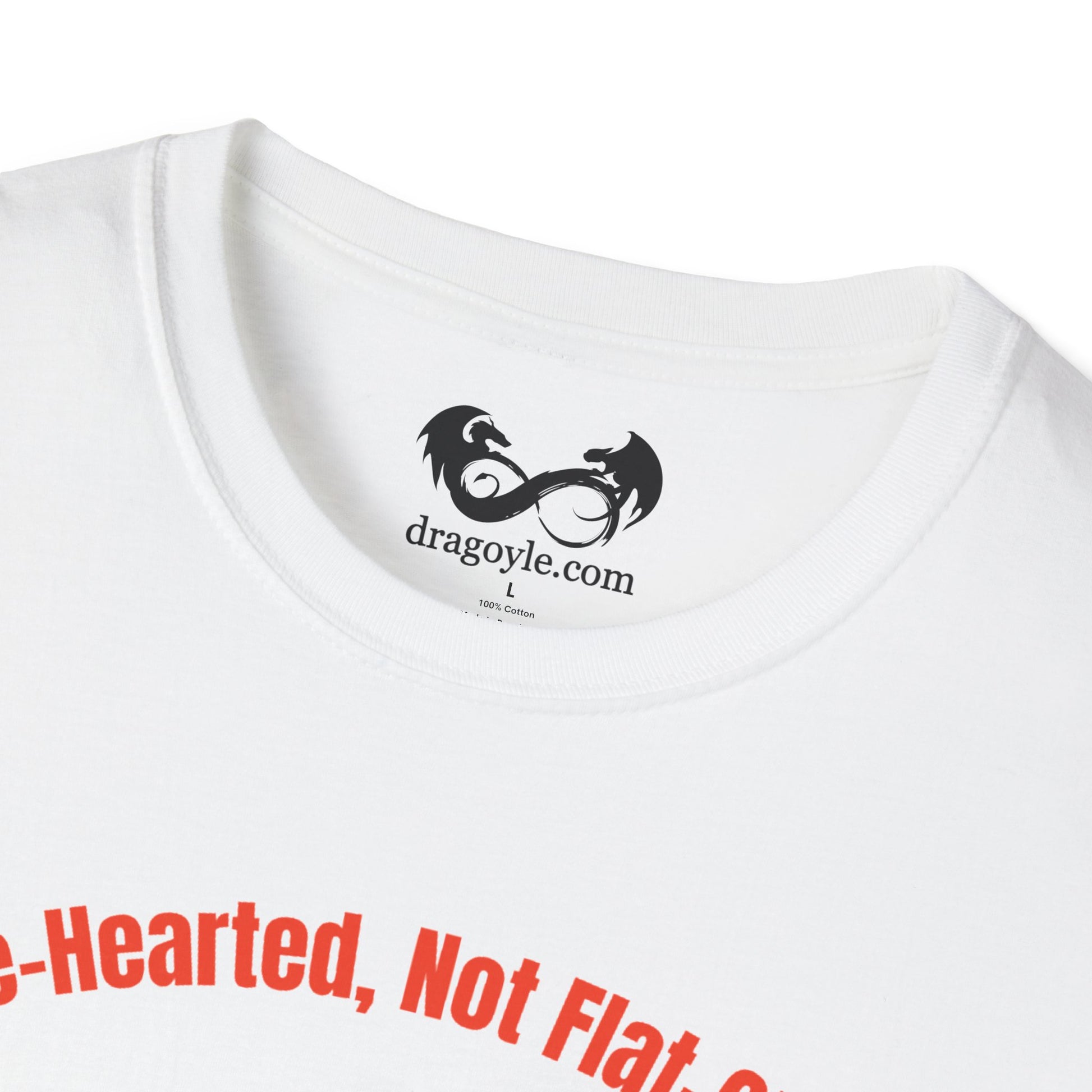 White t-shirt with red text and a black logo on a white background