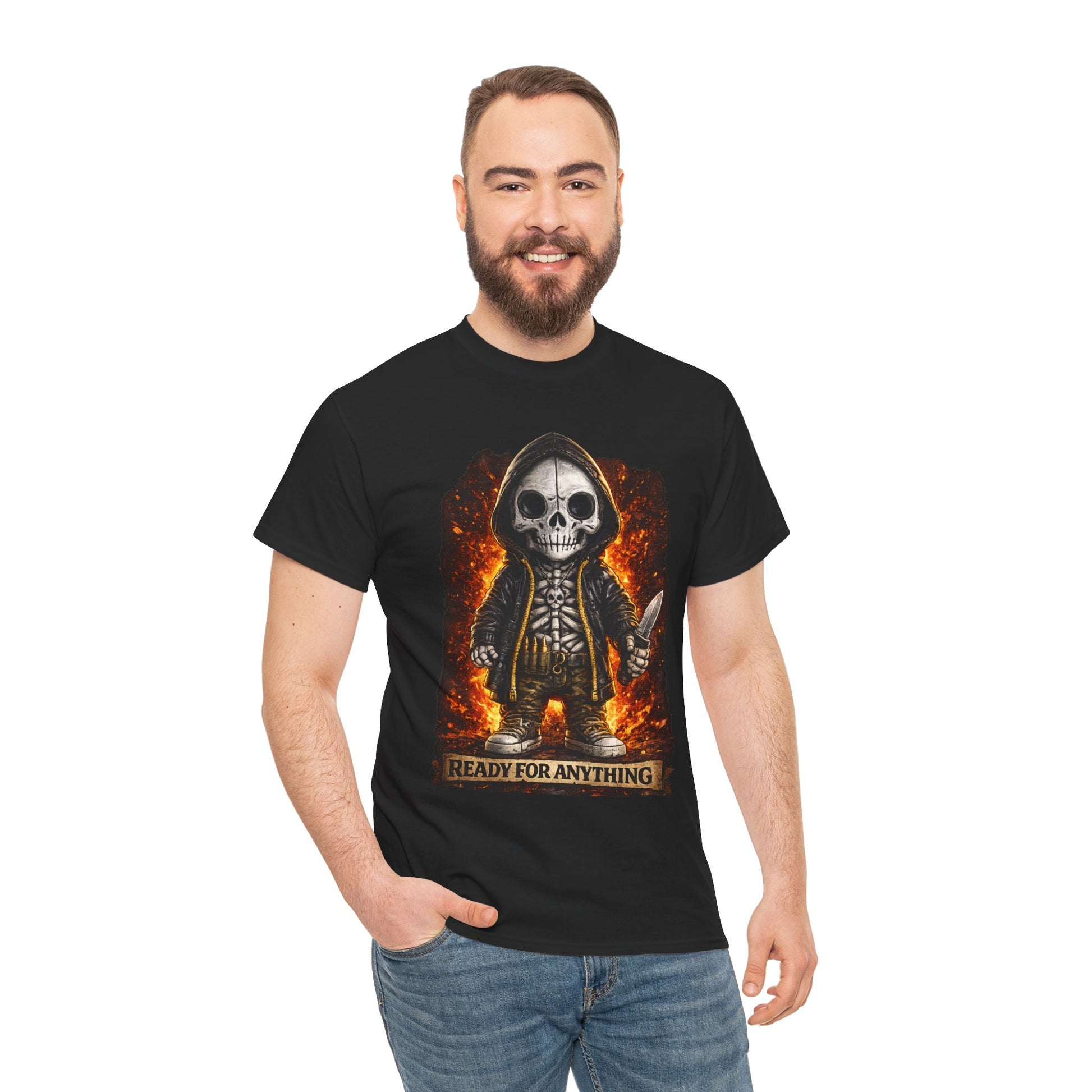 Man wearing a black t-shirt with a graphic design of a skeleton in a hooded outfit and text 'READY FOR ANYTHING'.