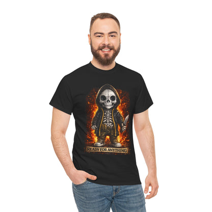 Man wearing a black t-shirt with a graphic design of a skeleton in a hooded outfit and text 'READY FOR ANYTHING'.