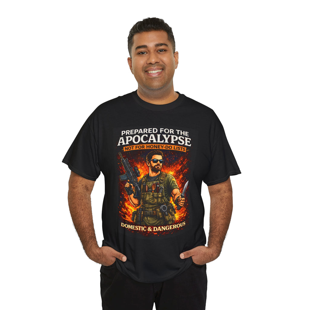 Man wearing a black t-shirt with a graphic design and text on a white background