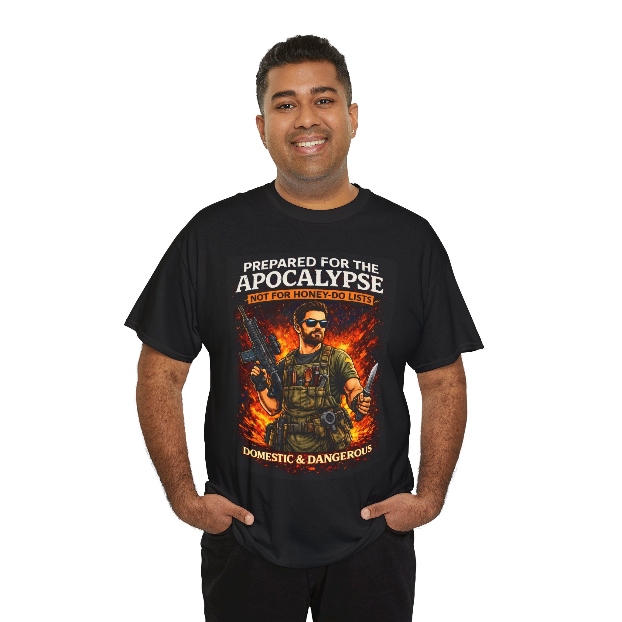 Man wearing a black t-shirt with a graphic design and text on a white background