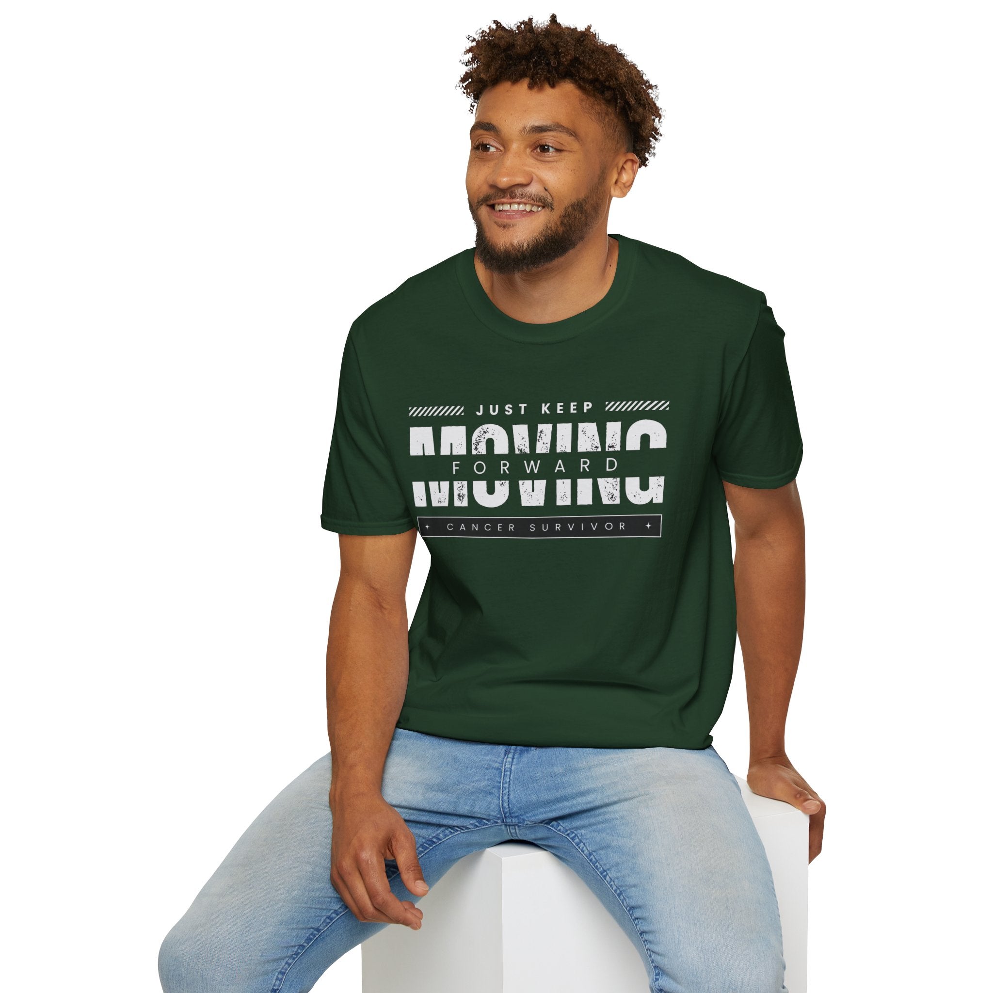 This unisex t-shirt is a canvas for self-expression, crafted for those who embrace resilience. With the phrase "Just Keep Moving Forward - Cancer Survivor" emblazoned across the chest, it celebrates strength and spirit.