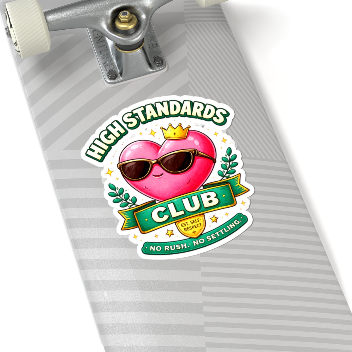 Sticker on a skateboard deck with 'High Standards Club' design