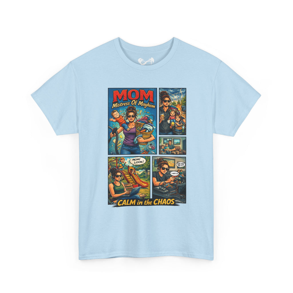 Light blue t-shirt with graphic design featuring text and images on a white background