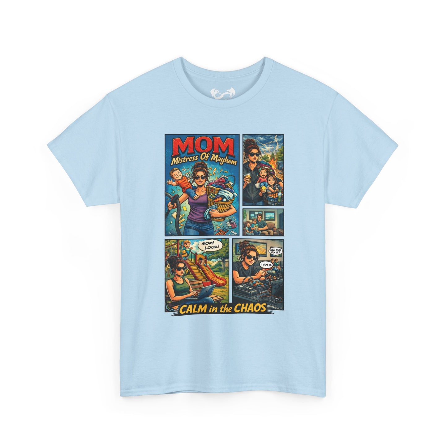 Light blue t-shirt with graphic design featuring text and images on a white background