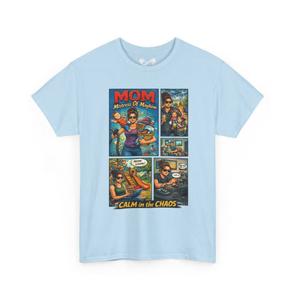 Light blue t-shirt with graphic design featuring text and images on a white background