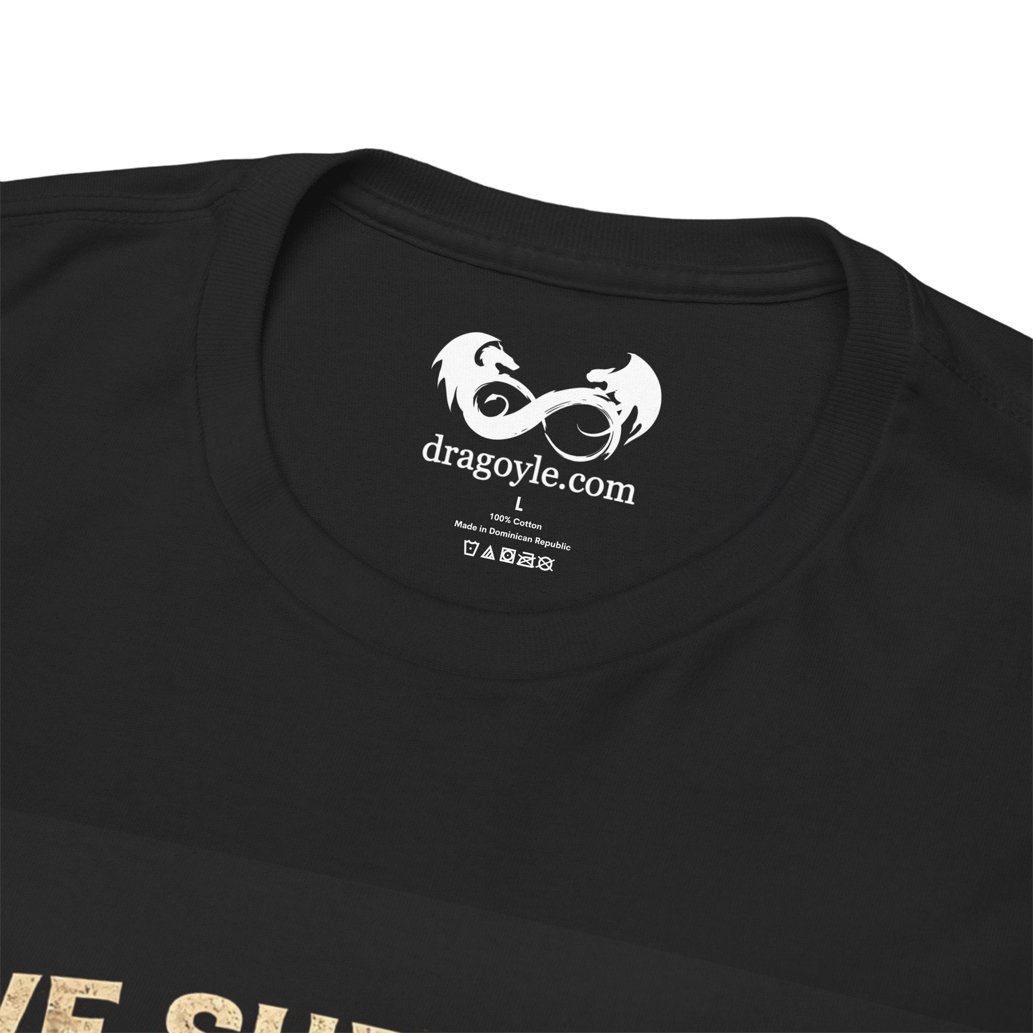 Black t-shirt with a white Dragoyle logo and text on a white background