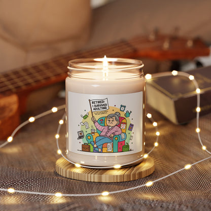Candle in a jar with a decorative label on a wooden coaster, surrounded by string lights and a guitar in the background.