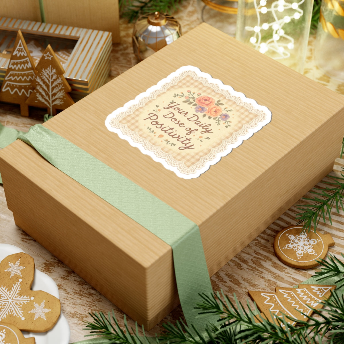 Wooden gift box with a decorative label on a festive background with cookies and greenery.