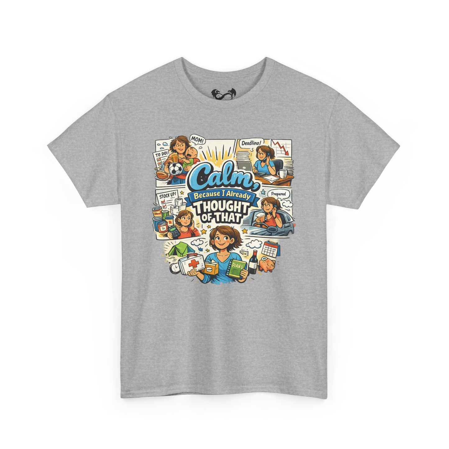 Gray t-shirt with a colorful graphic and text on a white background