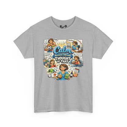 Gray t-shirt with a colorful graphic and text on a white background