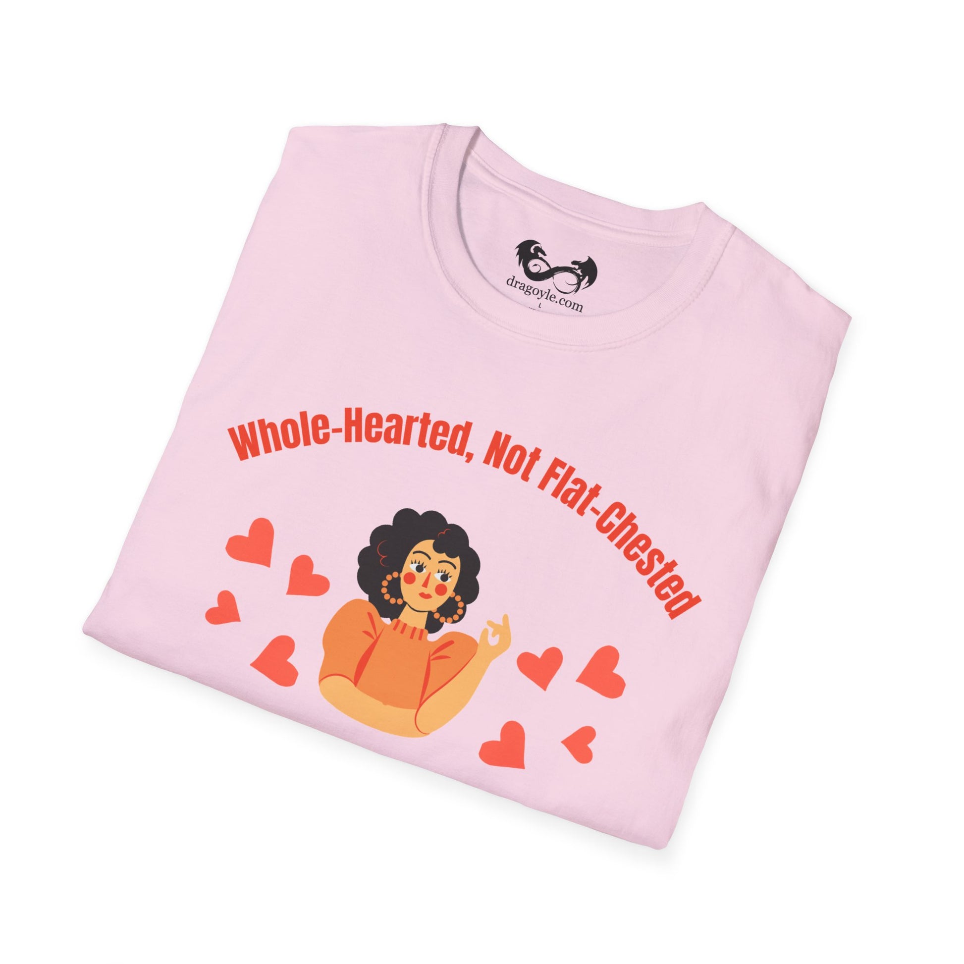 Folded pink t-shirt with graphic design and text on a white background