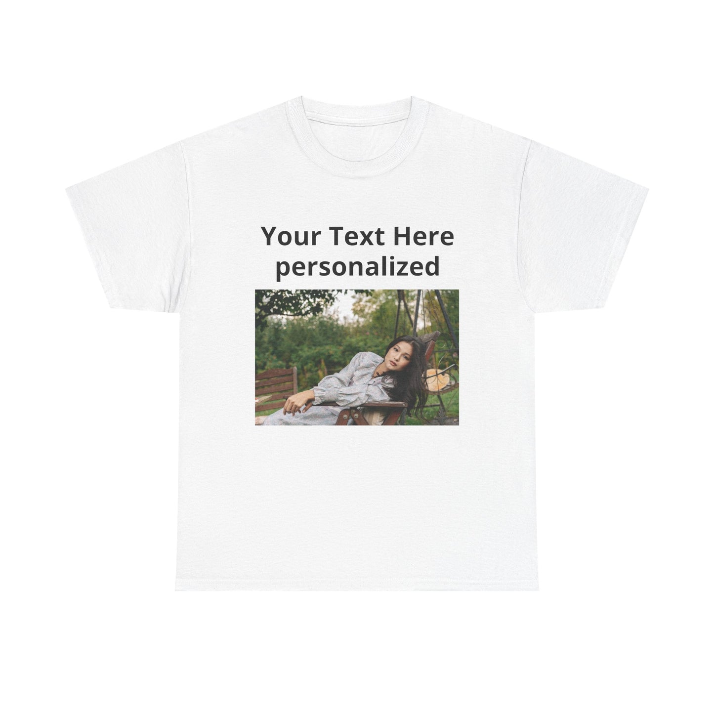 White t-shirt with a photo of a woman on a bench and text 'Your Text Here personalized' on a white background