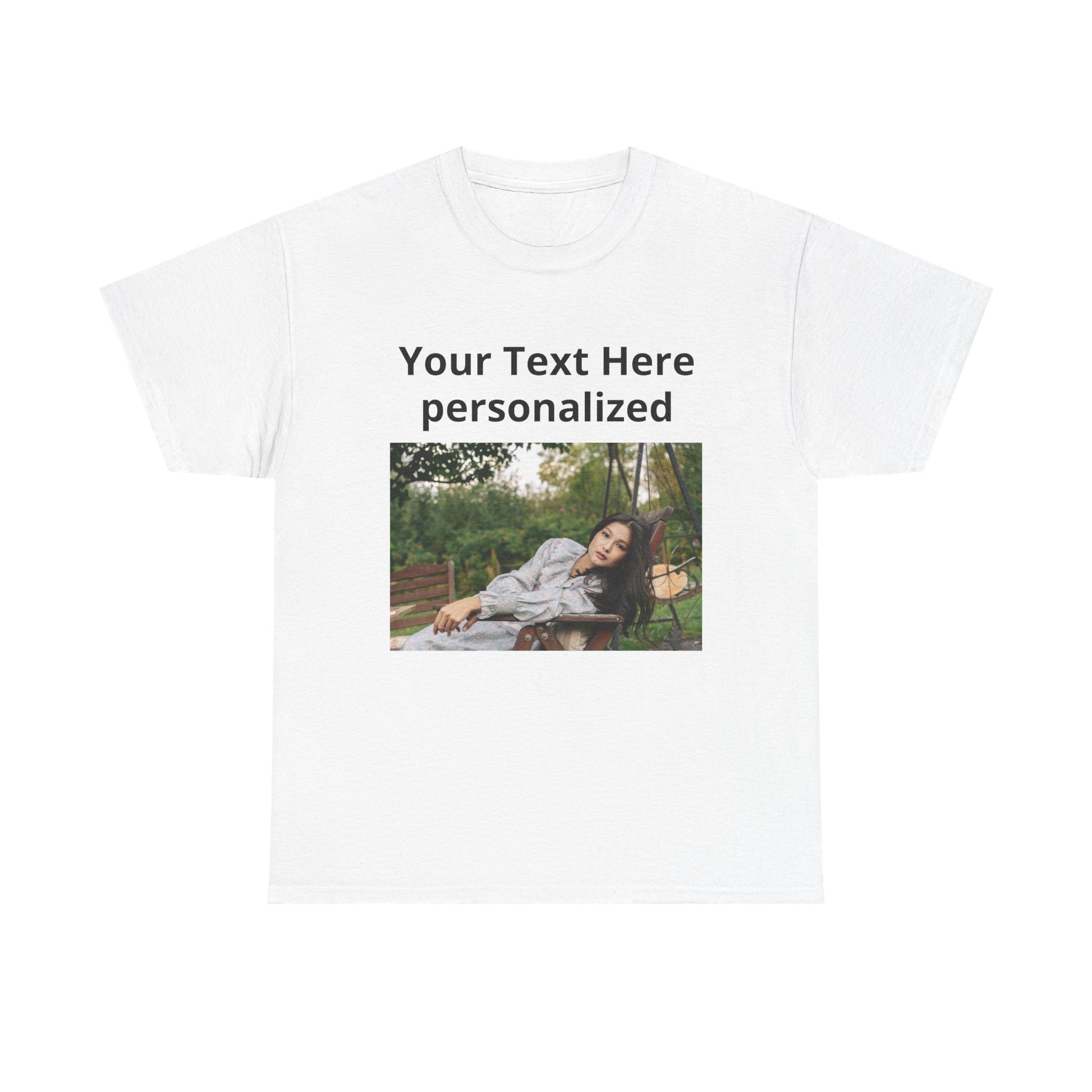 White t-shirt with a photo of a woman on a bench and text 'Your Text Here personalized' on a white background