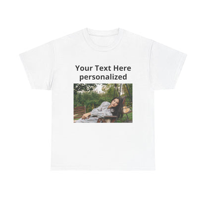 White t-shirt with a photo of a woman on a bench and text 'Your Text Here personalized' on a white background