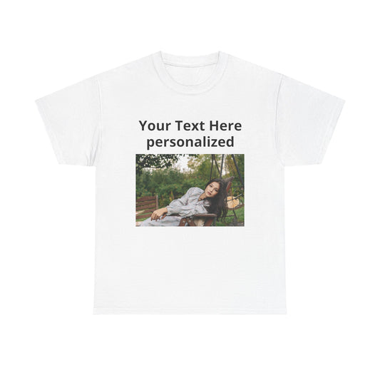 White t-shirt with a photo of a woman on a bench and text 'Your Text Here personalized' on a white background