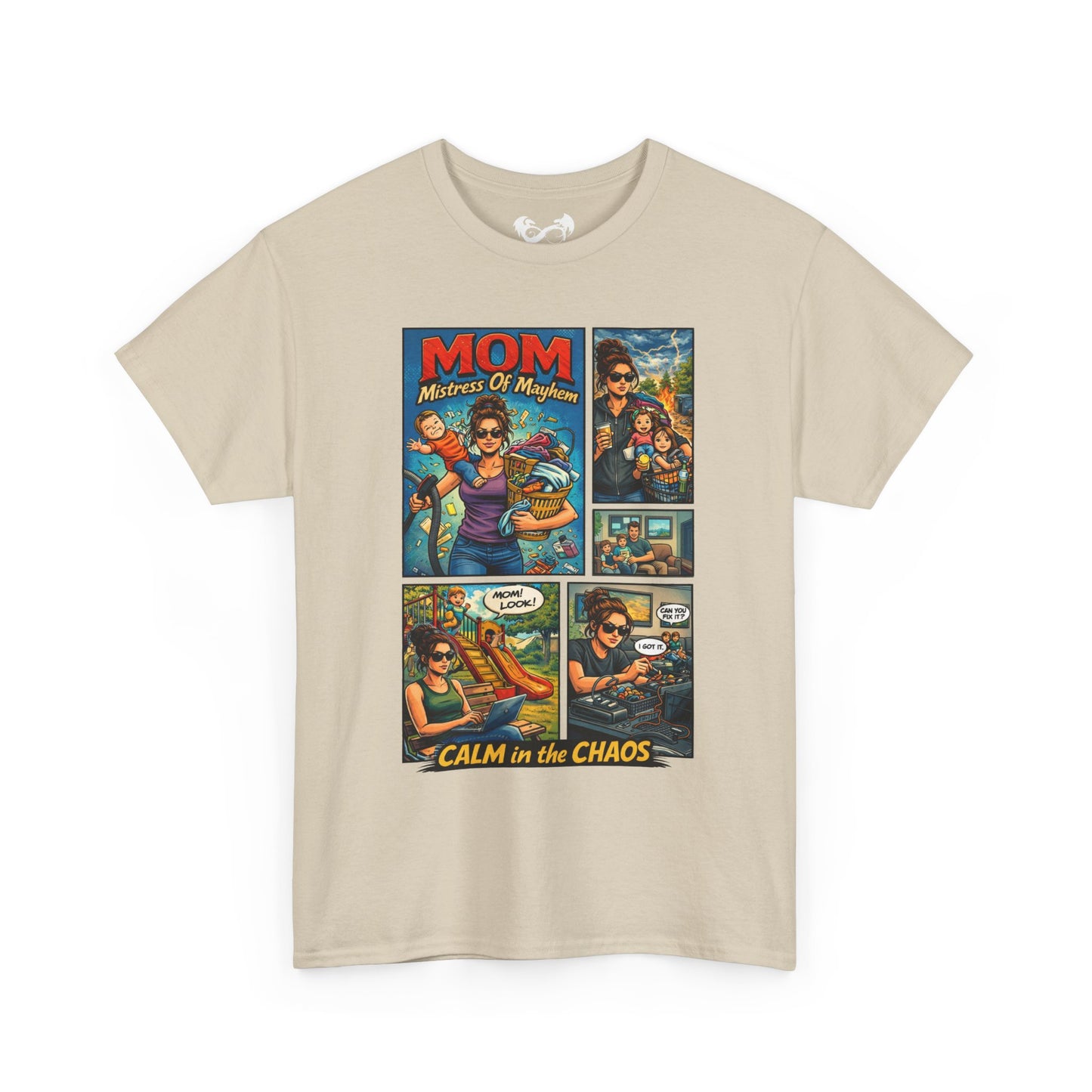 Beige t-shirt with comic-style graphic and text on a white background