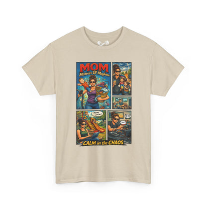 Beige t-shirt with comic-style graphic and text on a white background