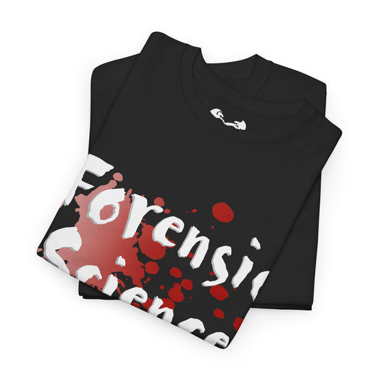 Black t-shirt with 'Forensics' text and red splashes on a white background