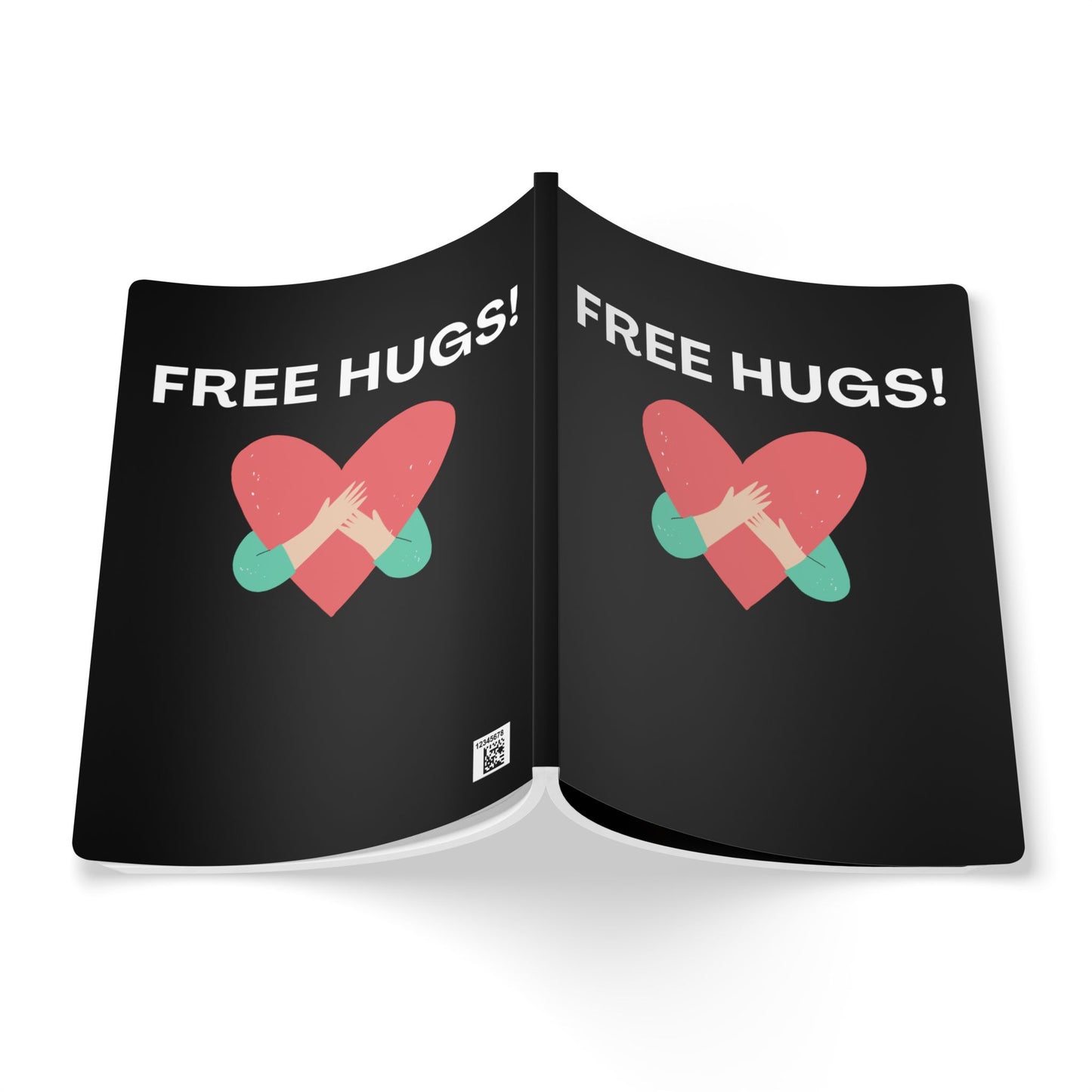 Black book with 'FREE HUGS!' text and heart design on a white background