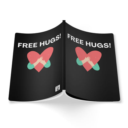 Black book with 'FREE HUGS!' text and heart design on a white background