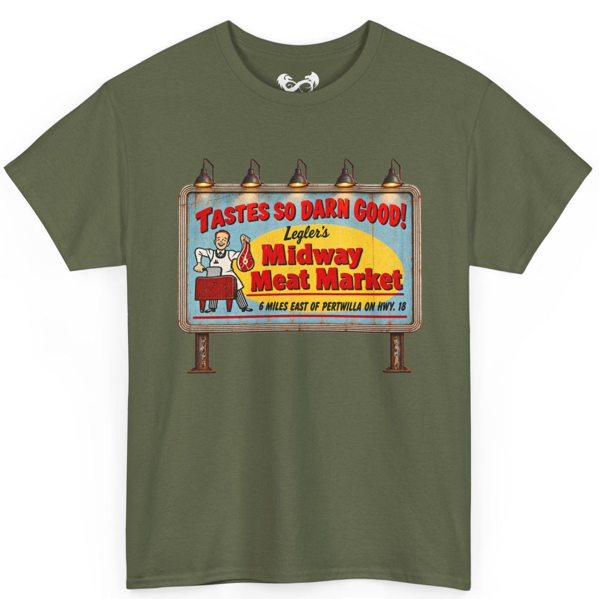 Bring a little vintage roadside horror to your wardrobe with this Jeepers Creepers-inspired Midway Meat Market T-shirt. Featuring the unmistakable retro roadside billboard design, distressed colors, bold red lettering, and classic old-school butcher-shop artwork, this shirt has the perfect mix of creepy, nostalgic, and Americana charm.