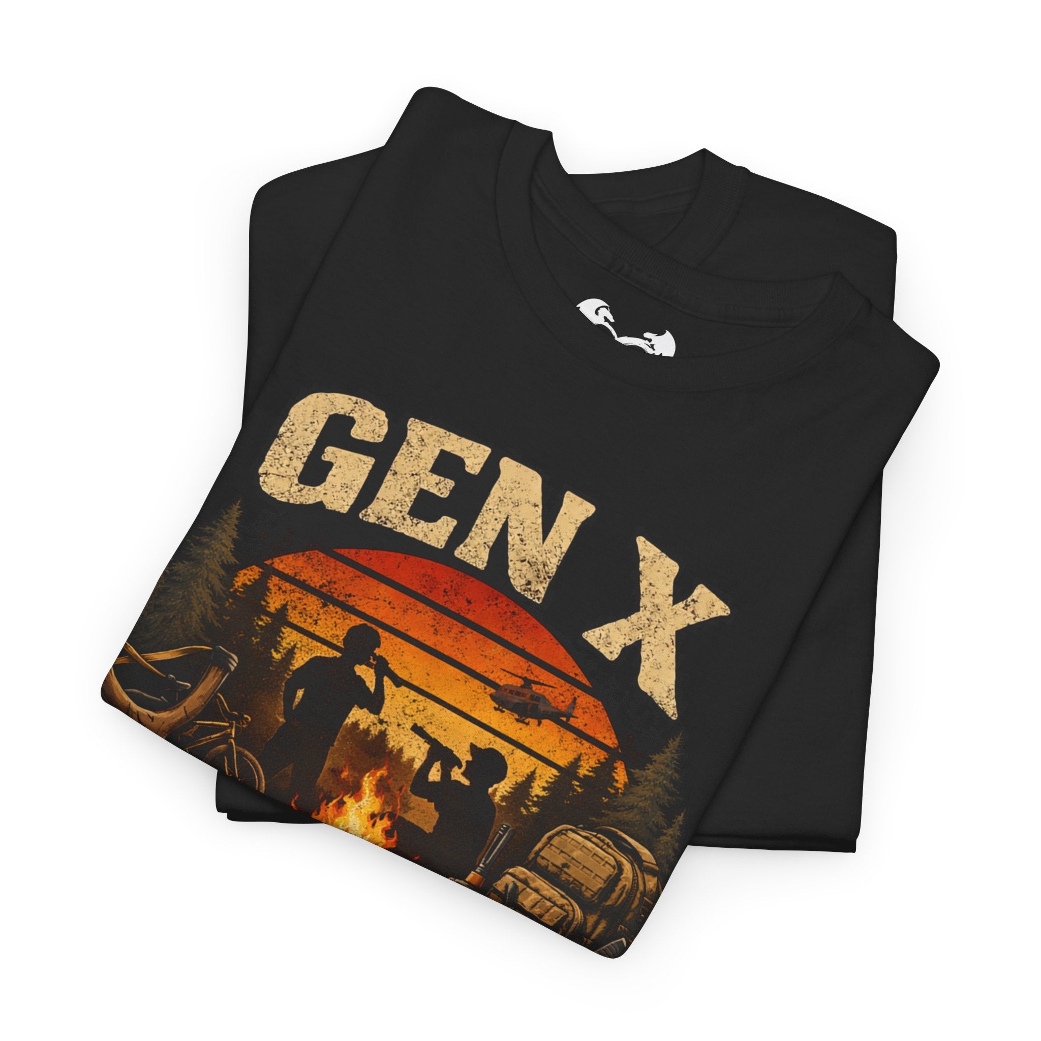 Black t-shirt with 'GEN X' design on a white background