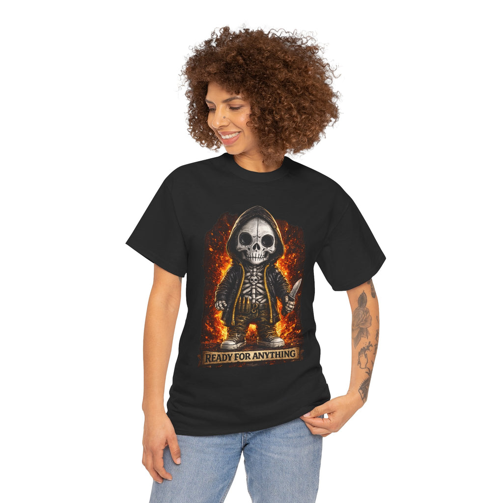Person wearing a black t-shirt with a skeleton graphic and 'Ready for Anything' text on a white background