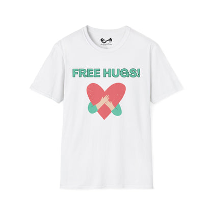 White t-shirt with 'FREE HUGS!' text and a heart graphic on a white background
