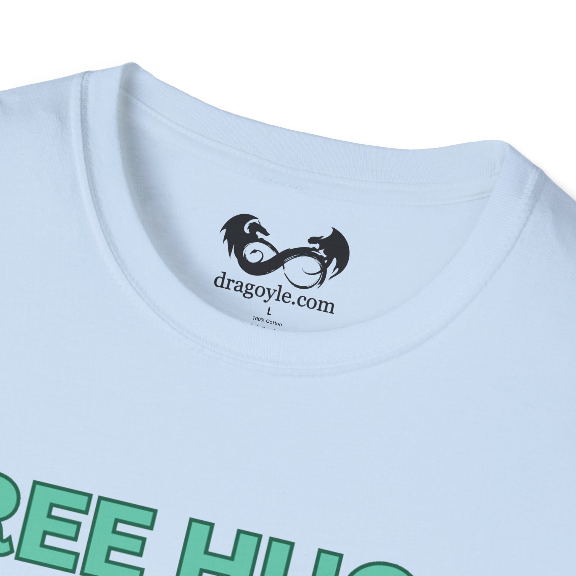 Light blue t-shirt with a logo and text on a white background