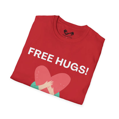 Red t-shirt with 'FREE HUGS!' text and heart graphic on a white background