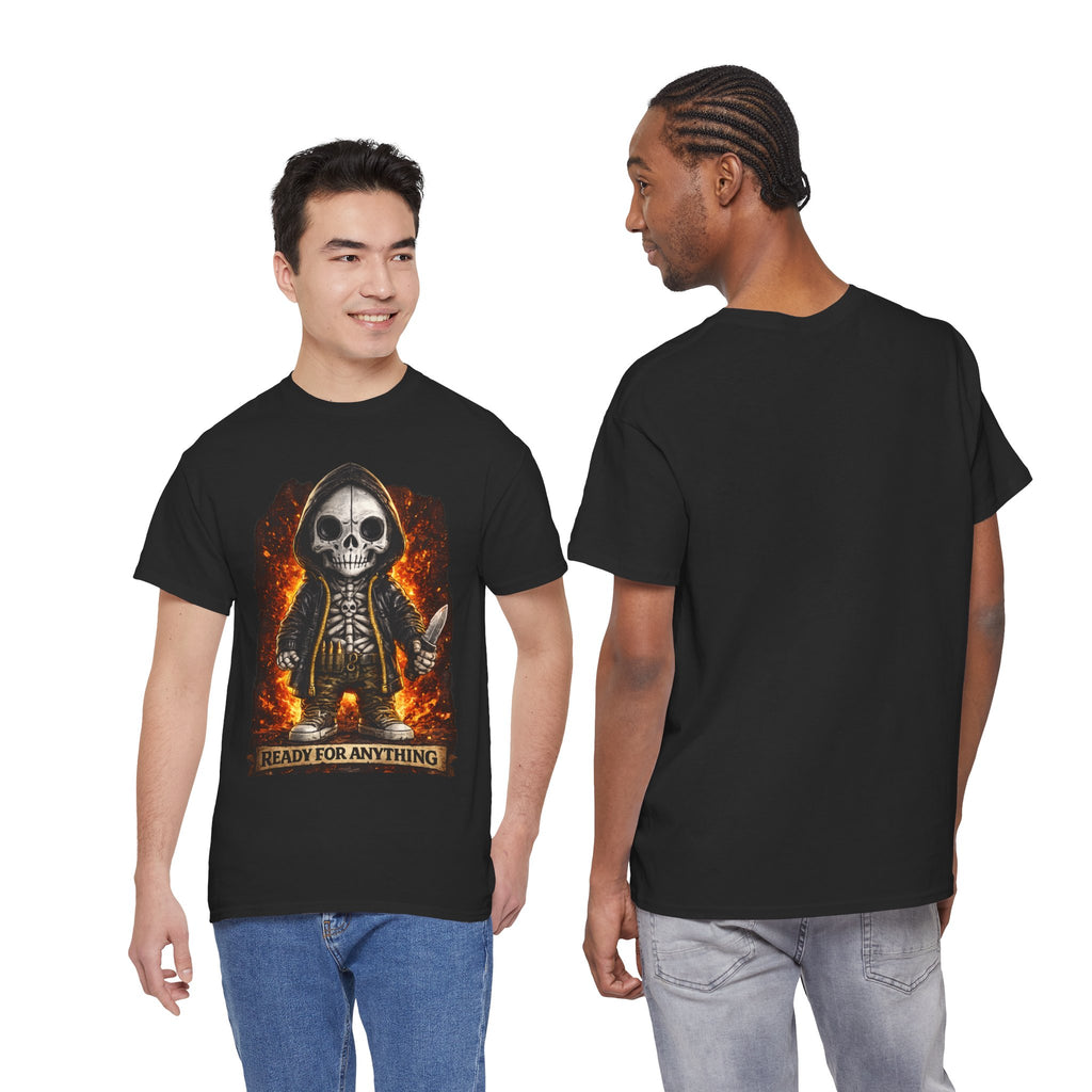 Black t-shirt with a graphic design of a skeleton and text, worn by two models.