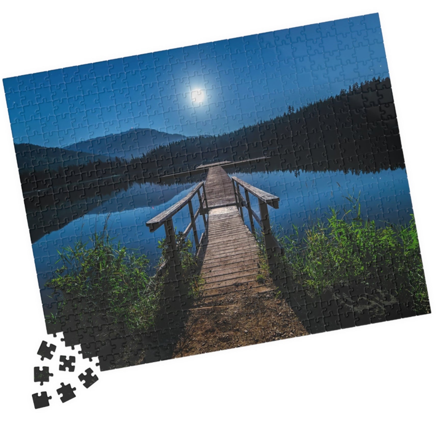 Experience the calming beauty of the Blue Moon At The Lake Puzzle. With 110 to 1014 pieces, this puzzle is perfect for all levels. Immerse yourself in the artistry of the blue moon reflecting on the serene lake, and feel the peace and tranquility it brings. A delightful challenge for any puzzle enthusiast.