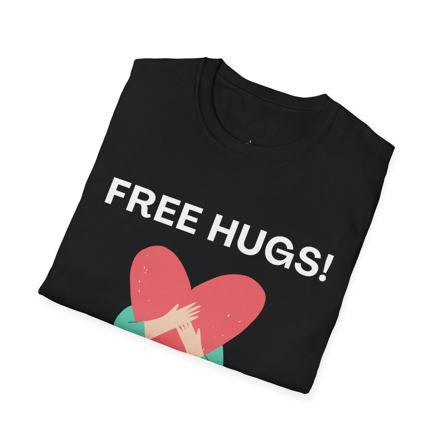 Black t-shirt with 'FREE HUGS!' text and a heart graphic on a white background