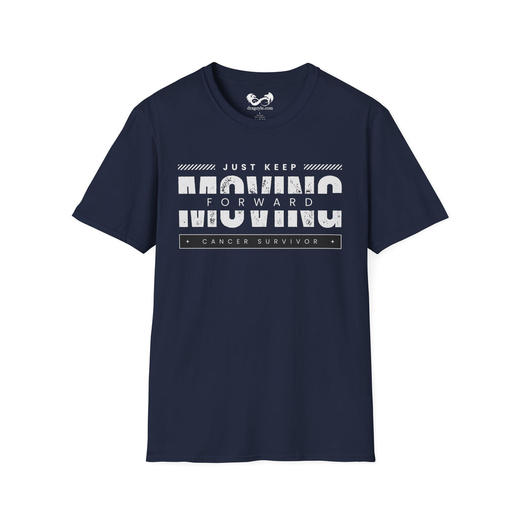 This unisex t-shirt is a canvas for self-expression, crafted for those who embrace resilience. With the phrase "Just Keep Moving Forward - Cancer Survivor" emblazoned across the chest, it celebrates strength and spirit.