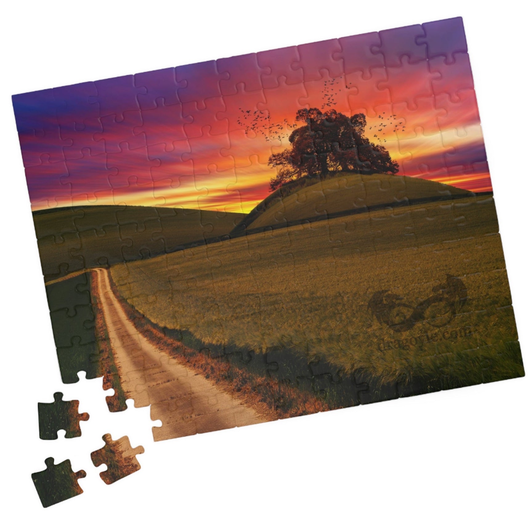 Experience the serene beauty of a country road at sunset with our Country Road Sunset Puzzle. This high-quality puzzle comes with 110 to 1014 pieces, making it perfect for all levels of puzzlers. Each piece fits seamlessly to create a stunning landscape that will provide hours of relaxation and enjoyment.