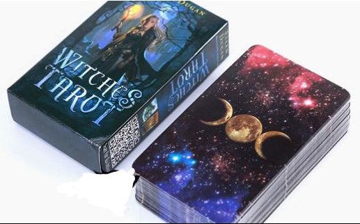 Witch Tarot cards with a colorful cover and tarot card deck on a white background