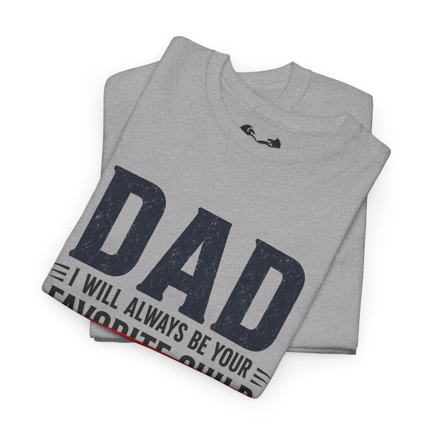 Folded gray t-shirt with 'DAD' text on a white background
