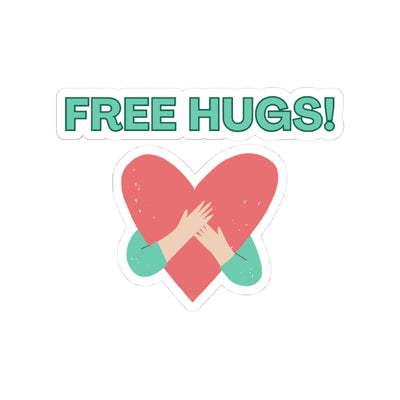 Sticker with a heart and hands holding it, and 'FREE HUGS!' text on a white background