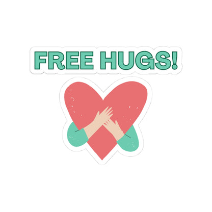 Sticker with a heart and hands holding it, and 'FREE HUGS!' text on a white background