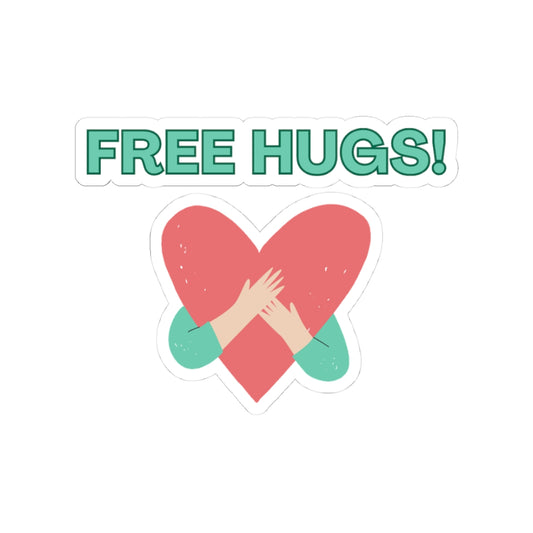 Sticker with a heart and hands holding it, and 'FREE HUGS!' text on a white background
