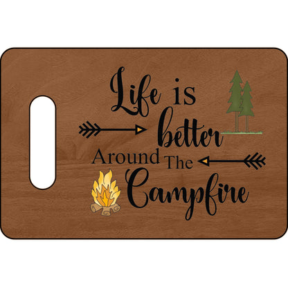 Wooden sign with 'Life is better around the campfire' text and camping-themed graphics on a white background.