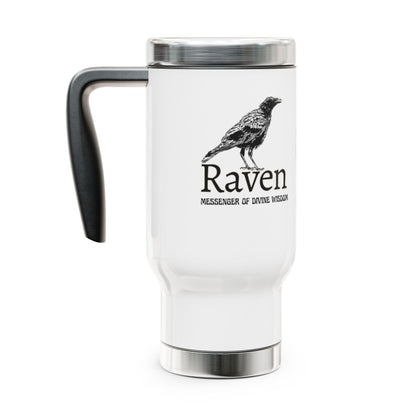White travel mug with a black handle featuring a raven design and text on a white background