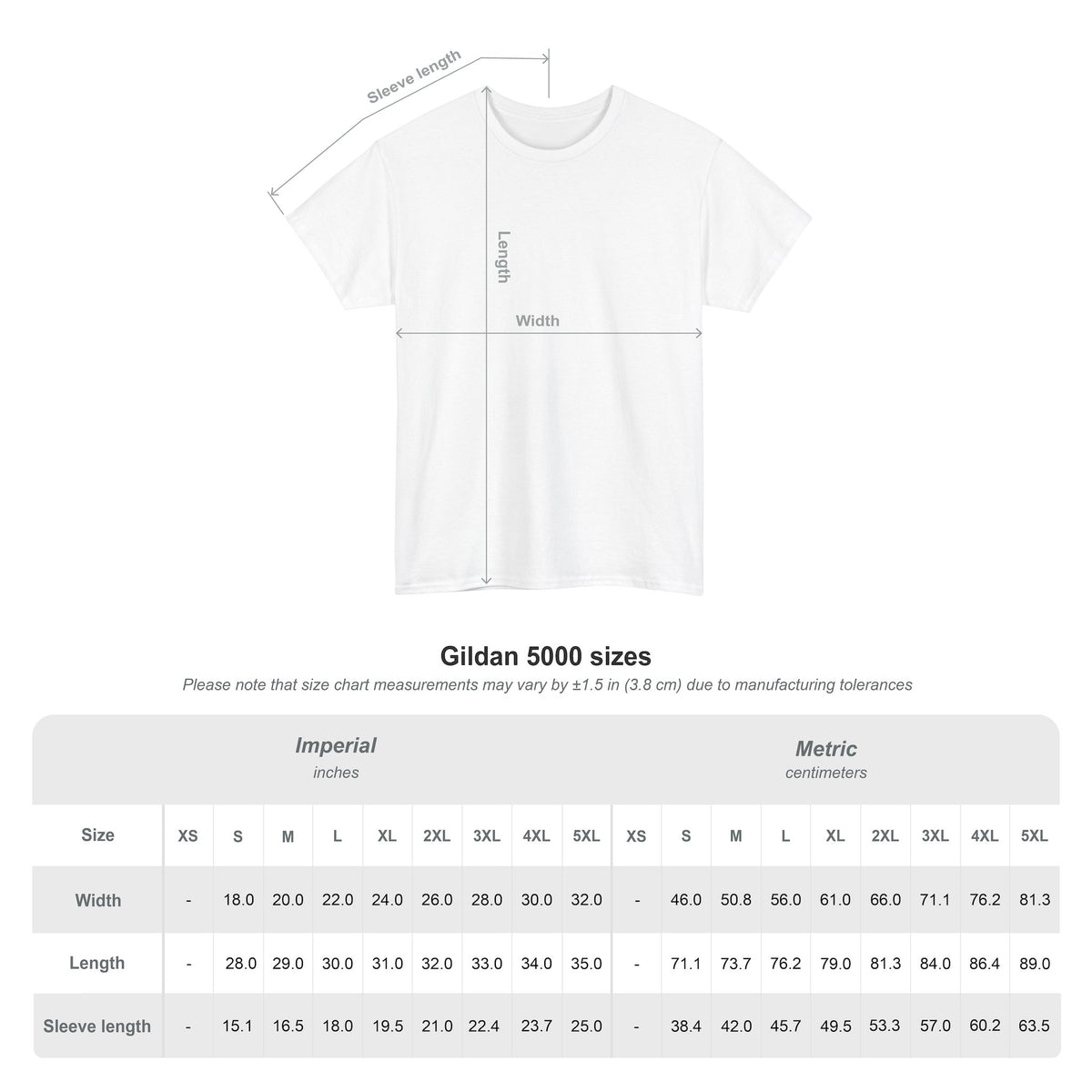 Gildan 5000 shirt sizes chart