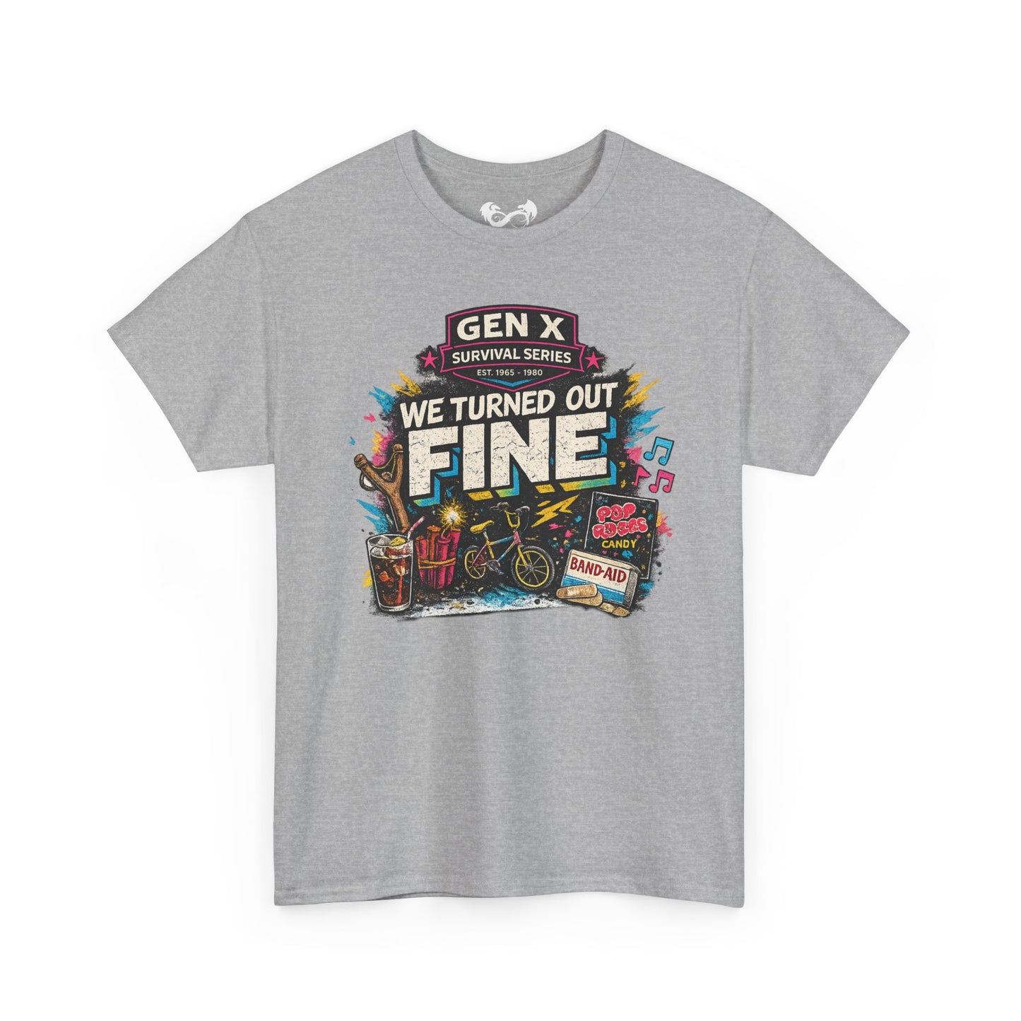 Gray t-shirt with colorful graphic and text on a white background