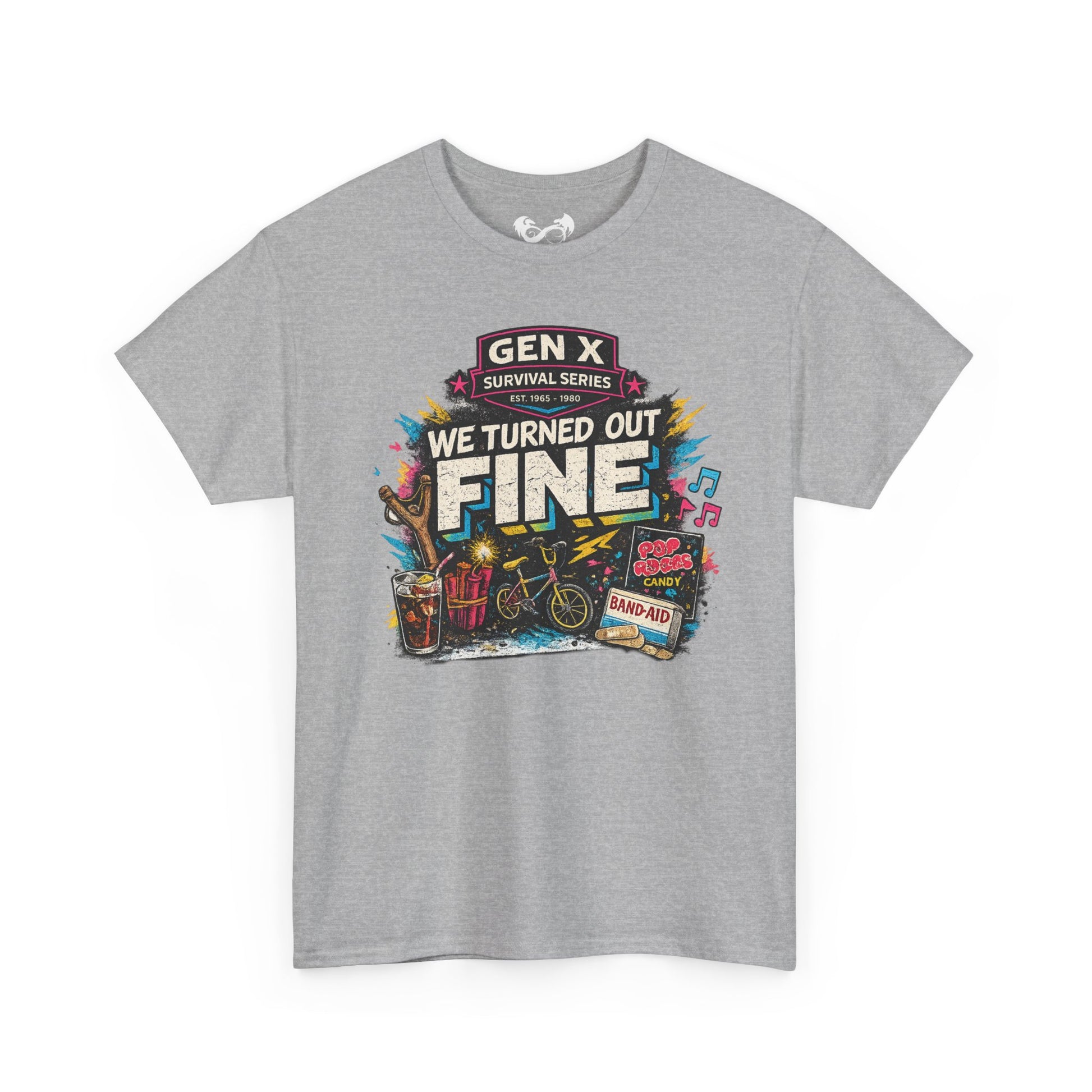 Gray t-shirt with colorful graphic and text on a white background