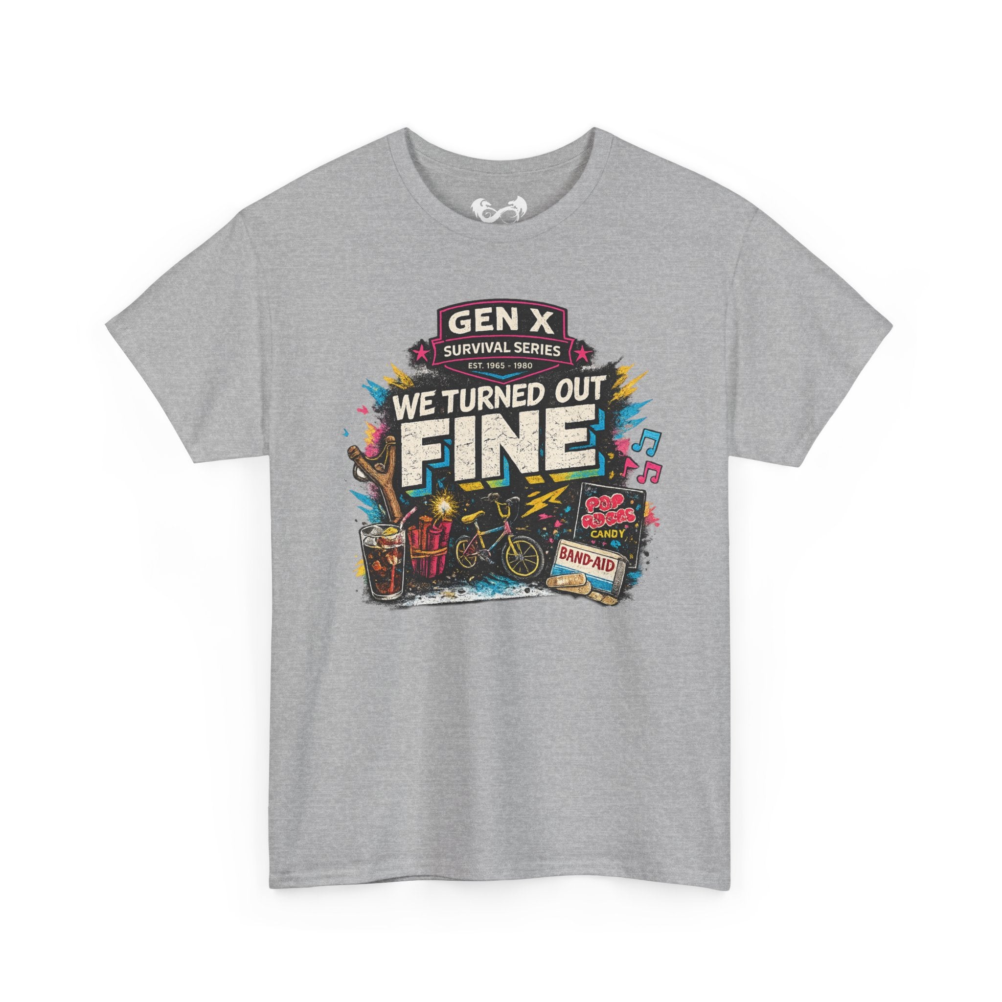 Gray t-shirt with colorful graphic and text on a white background