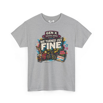 Gray t-shirt with colorful graphic and text on a white background