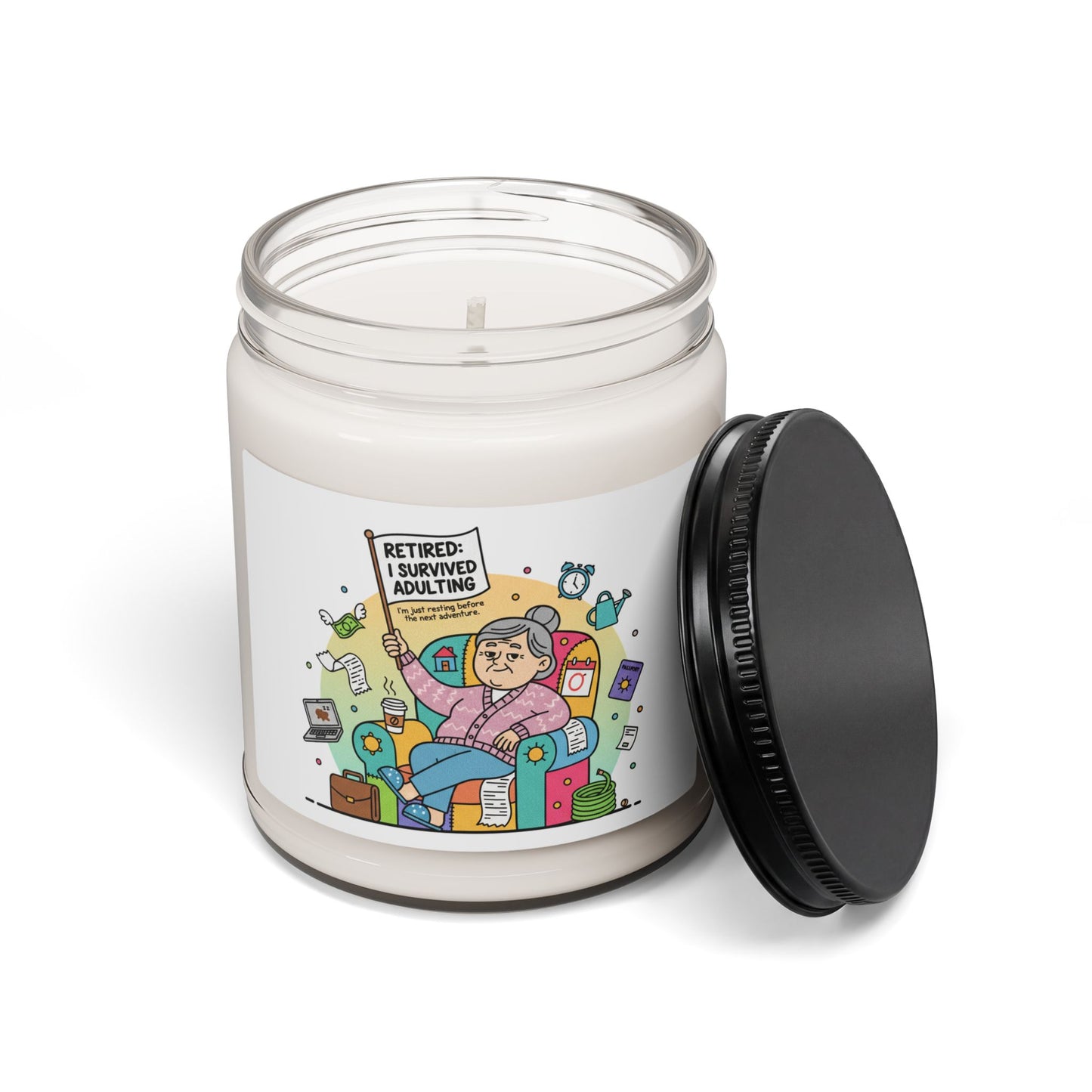 Candle jar with a colorful label featuring an illustration of a retired person and text on a white background.